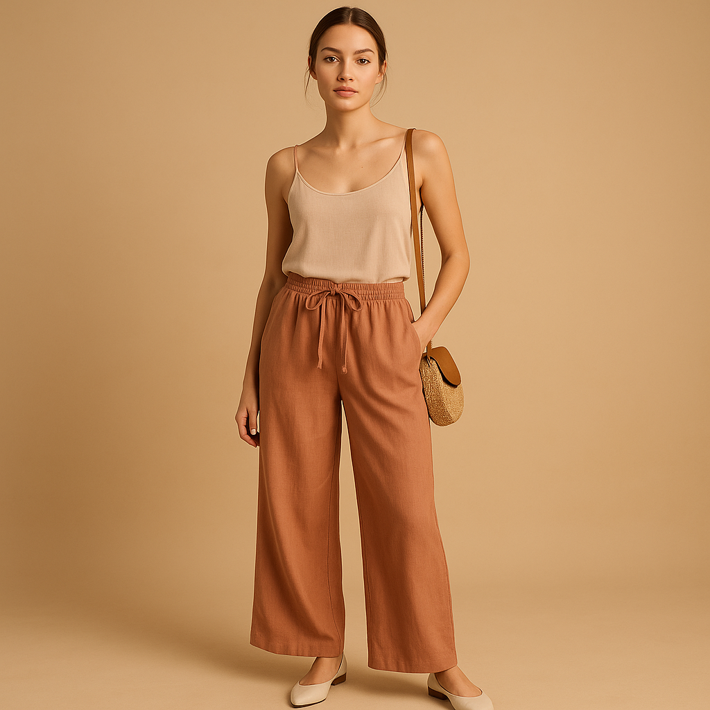 Women’s wide leg summer pants with elastic waistband, available in orange-red, dark brown, green, beige, and black. Lightweight and stylish for warm days.