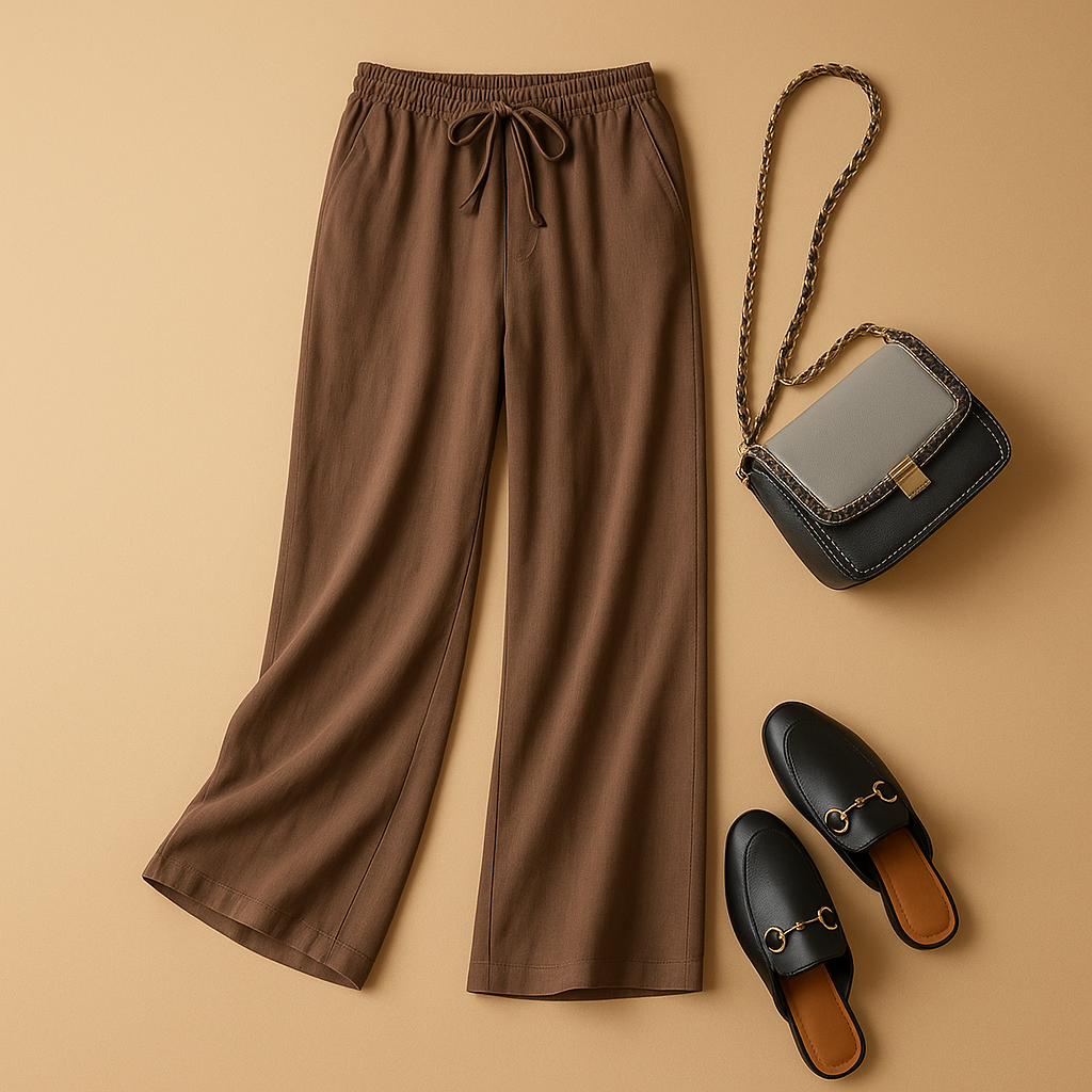Women’s wide leg summer pants with elastic waistband, available in orange-red, dark brown, green, beige, and black. Lightweight and stylish for warm days.