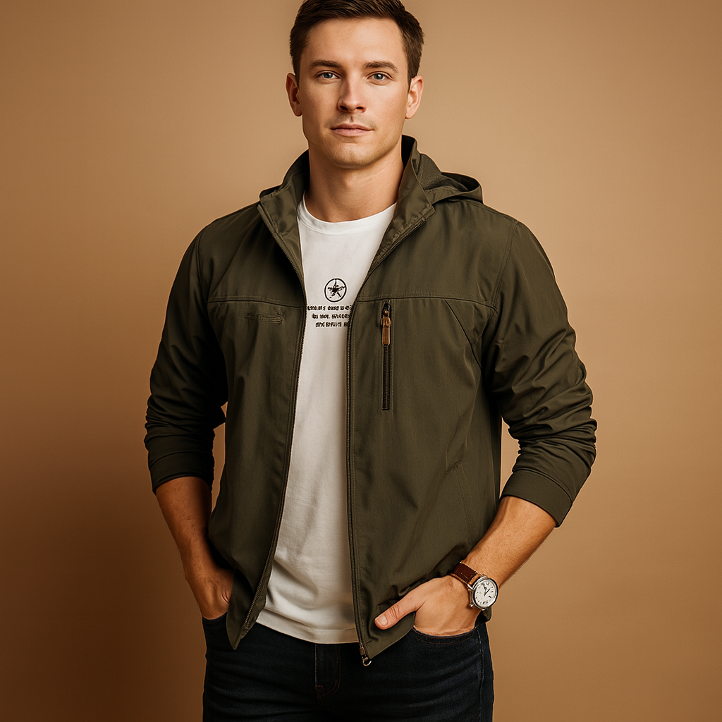 Men’s wind and waterproof jacket with adjustable fit, breathable fabric, and military-inspired design for outdoor and urban wear.