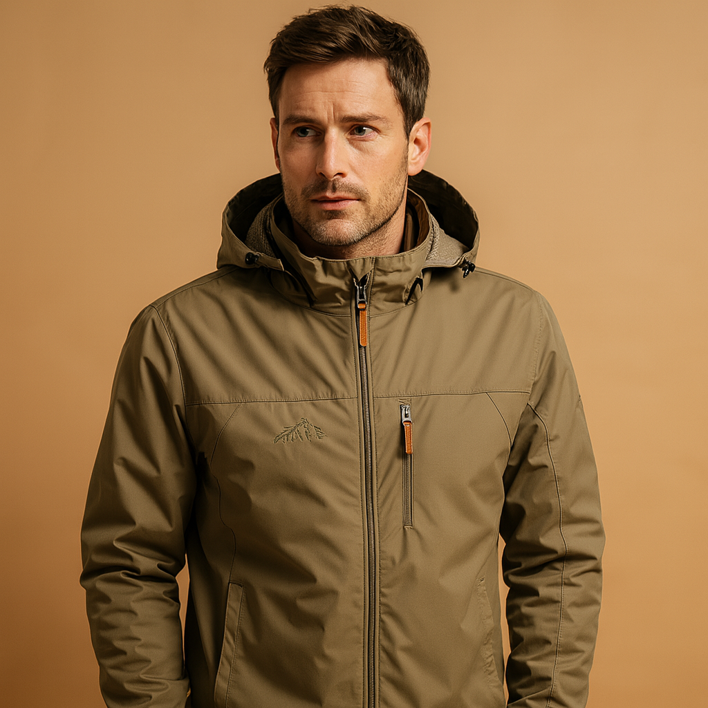 Men’s wind and waterproof jacket with adjustable fit, breathable fabric, and military-inspired design for outdoor and urban wear.