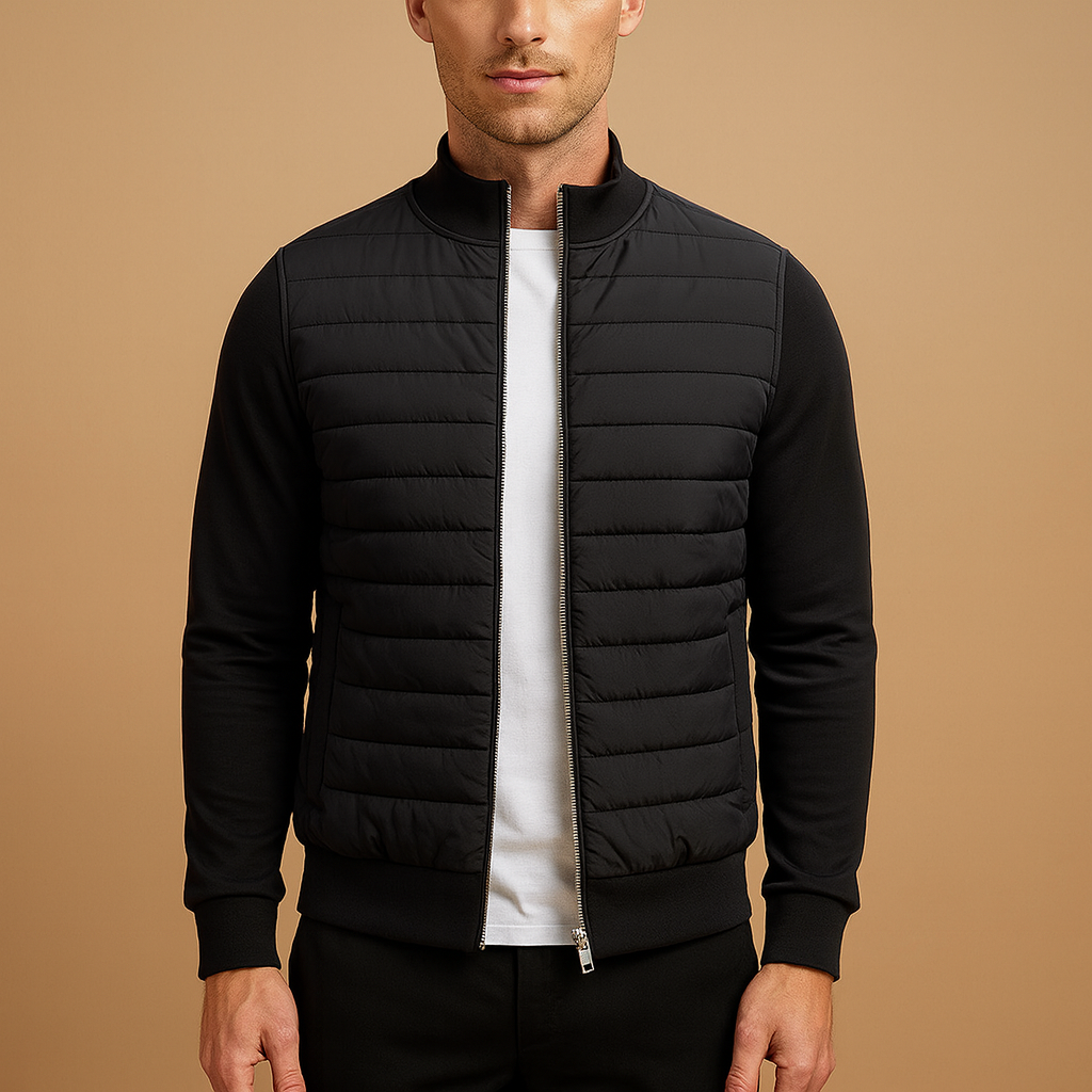Men’s winter jacket with high collar and elastic cuffs, offering wind protection and modern style for cold-weather days.