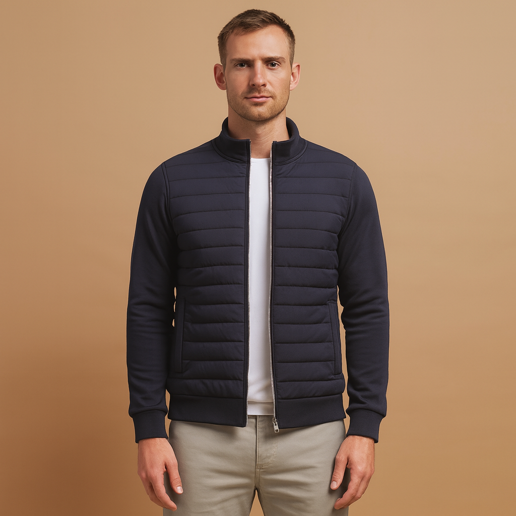 Men’s winter jacket with high collar and elastic cuffs, offering wind protection and modern style for cold-weather days.