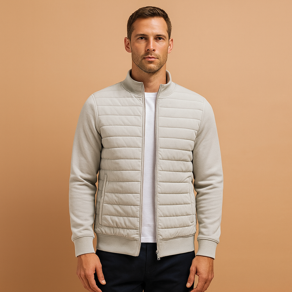 Men’s winter jacket with high collar and elastic cuffs, offering wind protection and modern style for cold-weather days.