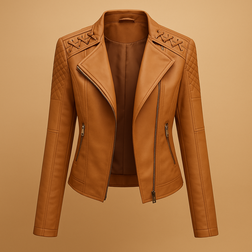 Women’s PU jacket with stand-up collar Serena featuring a sleek silhouette and zipper details.