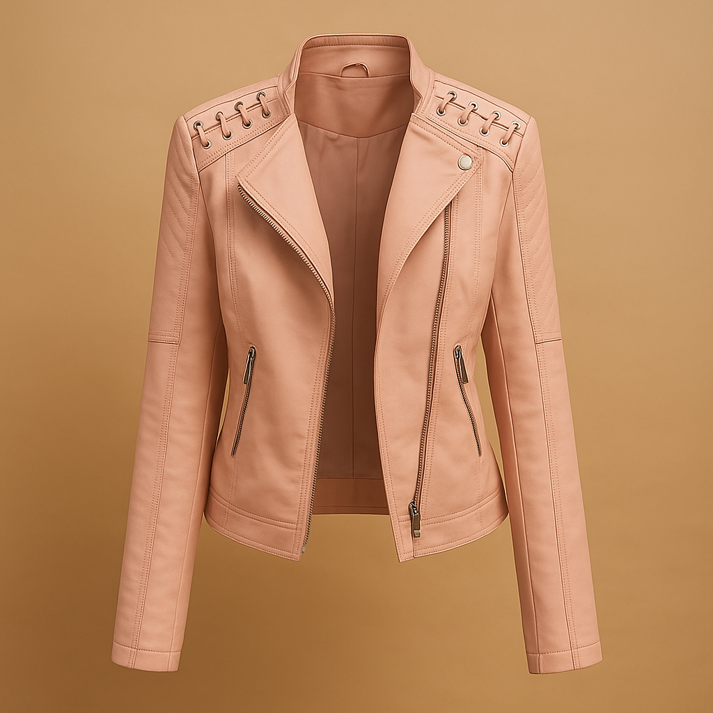 Women’s PU jacket with stand-up collar Serena featuring a sleek silhouette and zipper details.