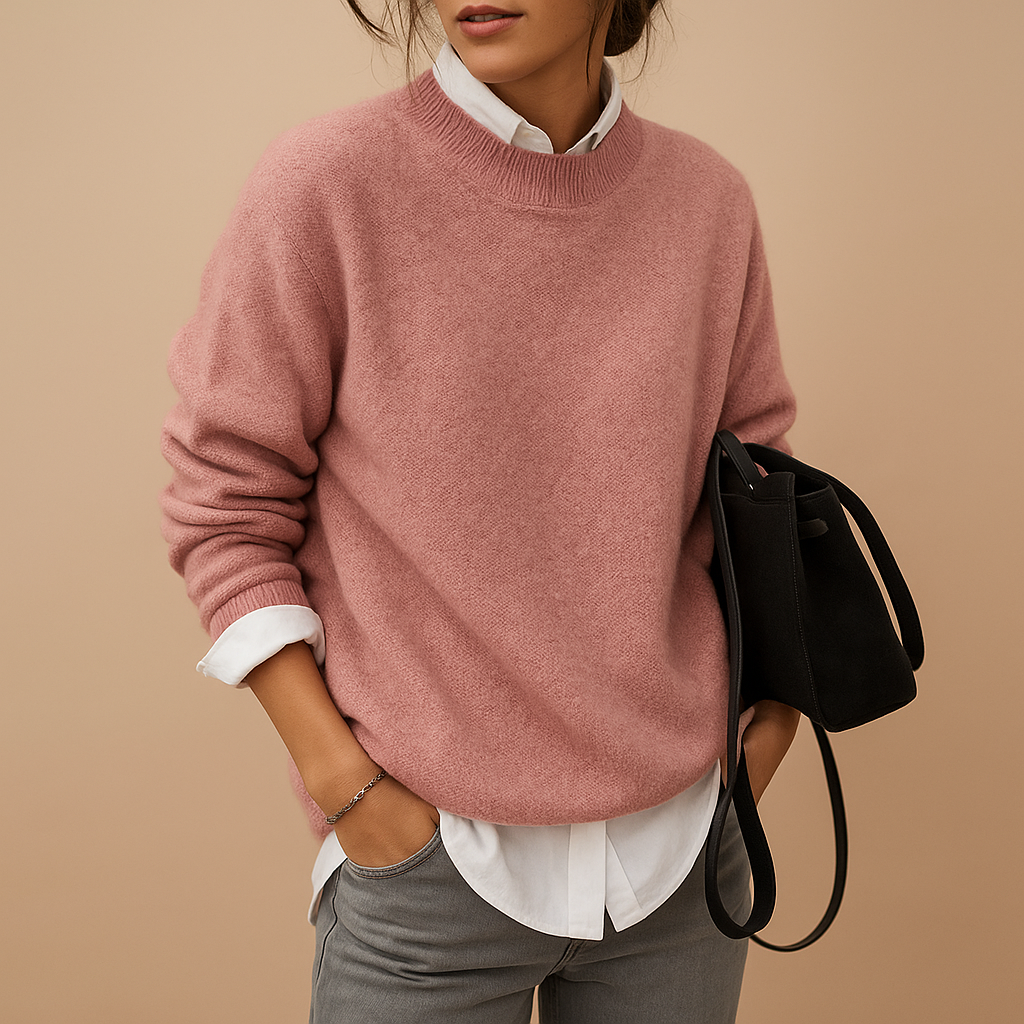 Women’s wool blend sweater with refined knit, elegant fit, available in black, beige, and taupe, perfect for casual or semi-formal occasions.