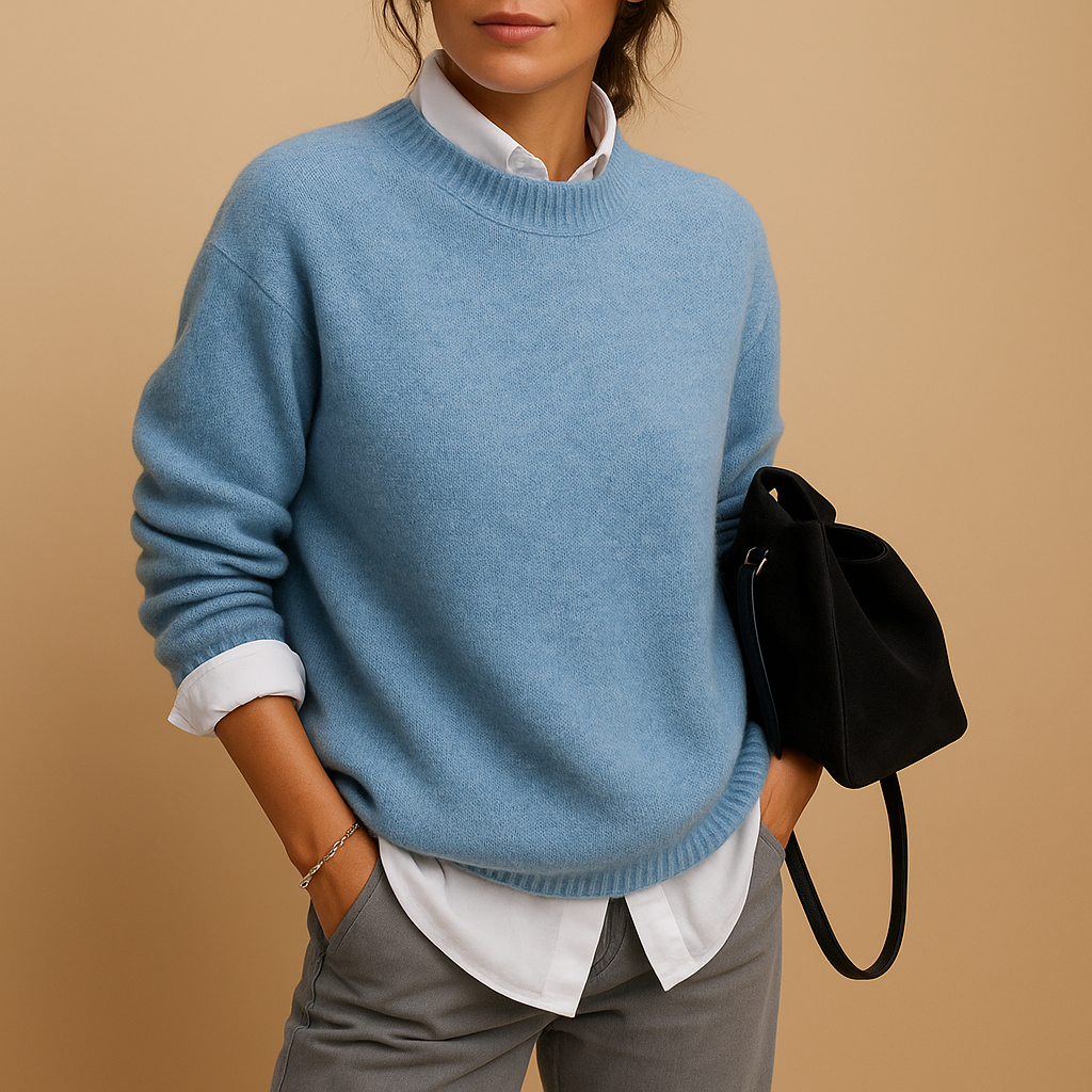Women’s wool blend sweater with refined knit, elegant fit, available in black, beige, and taupe, perfect for casual or semi-formal occasions.