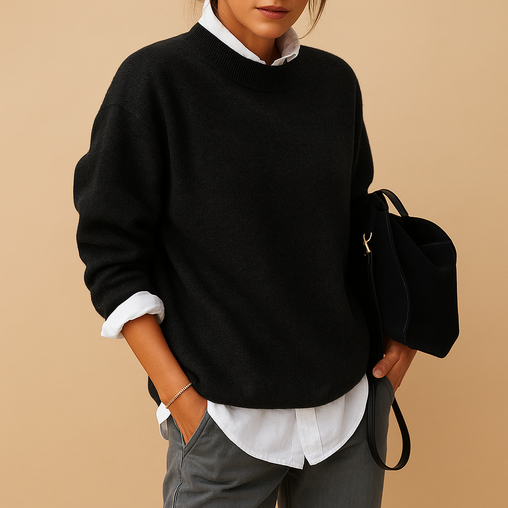 Women’s wool blend sweater with refined knit, elegant fit, available in black, beige, and taupe, perfect for casual or semi-formal occasions.