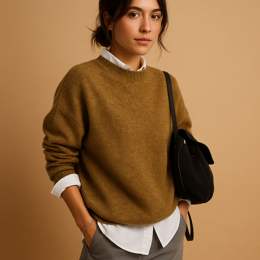 Women’s wool blend sweater with refined knit, elegant fit, available in black, beige, and taupe, perfect for casual or semi-formal occasions.