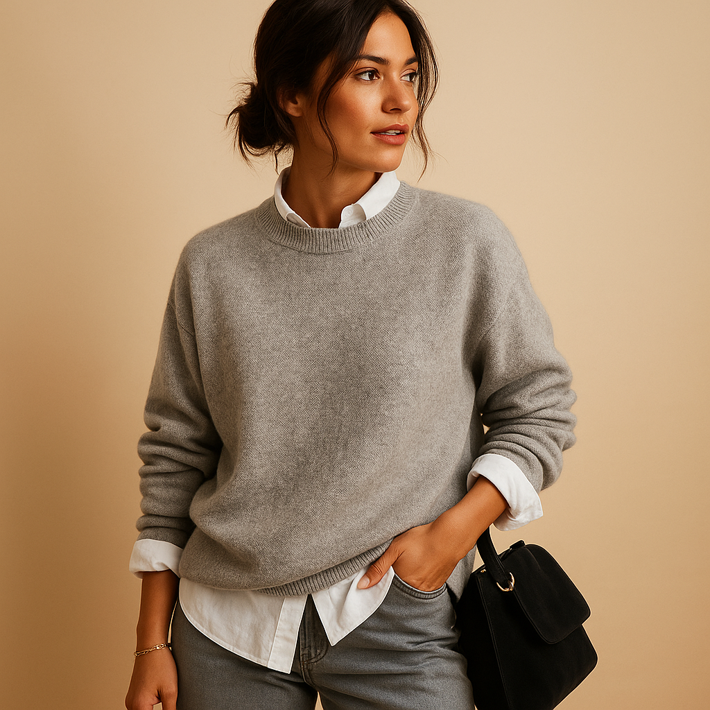 Women’s wool blend sweater with refined knit, elegant fit, available in black, beige, and taupe, perfect for casual or semi-formal occasions.
