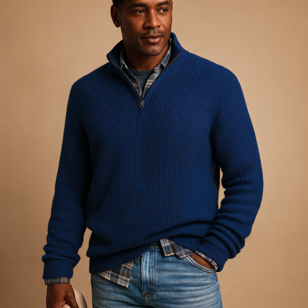 Men’s wool sweater in dark blue, gray, black, green, red, and beige, warm, soft, and perfect for elegant winter wear.