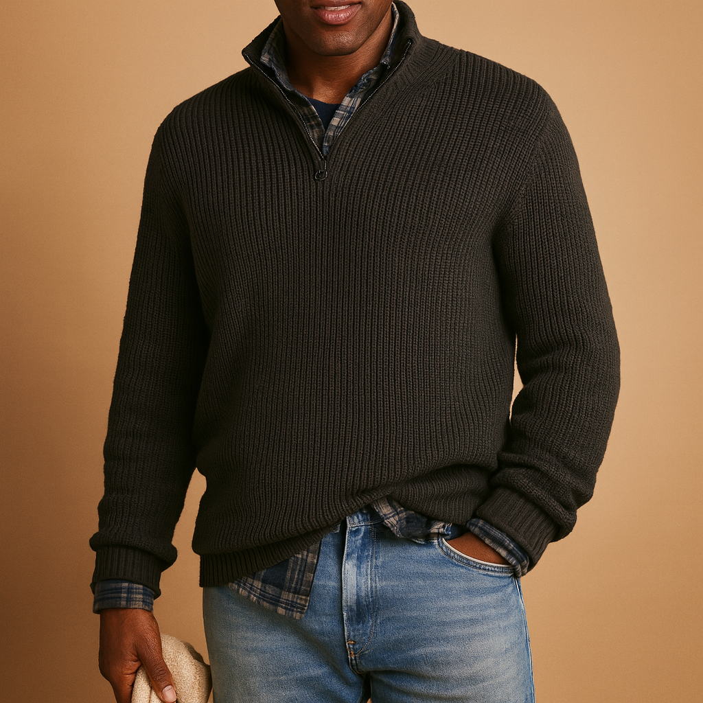 Men’s wool sweater in dark blue, gray, black, green, red, and beige, warm, soft, and perfect for elegant winter wear.
