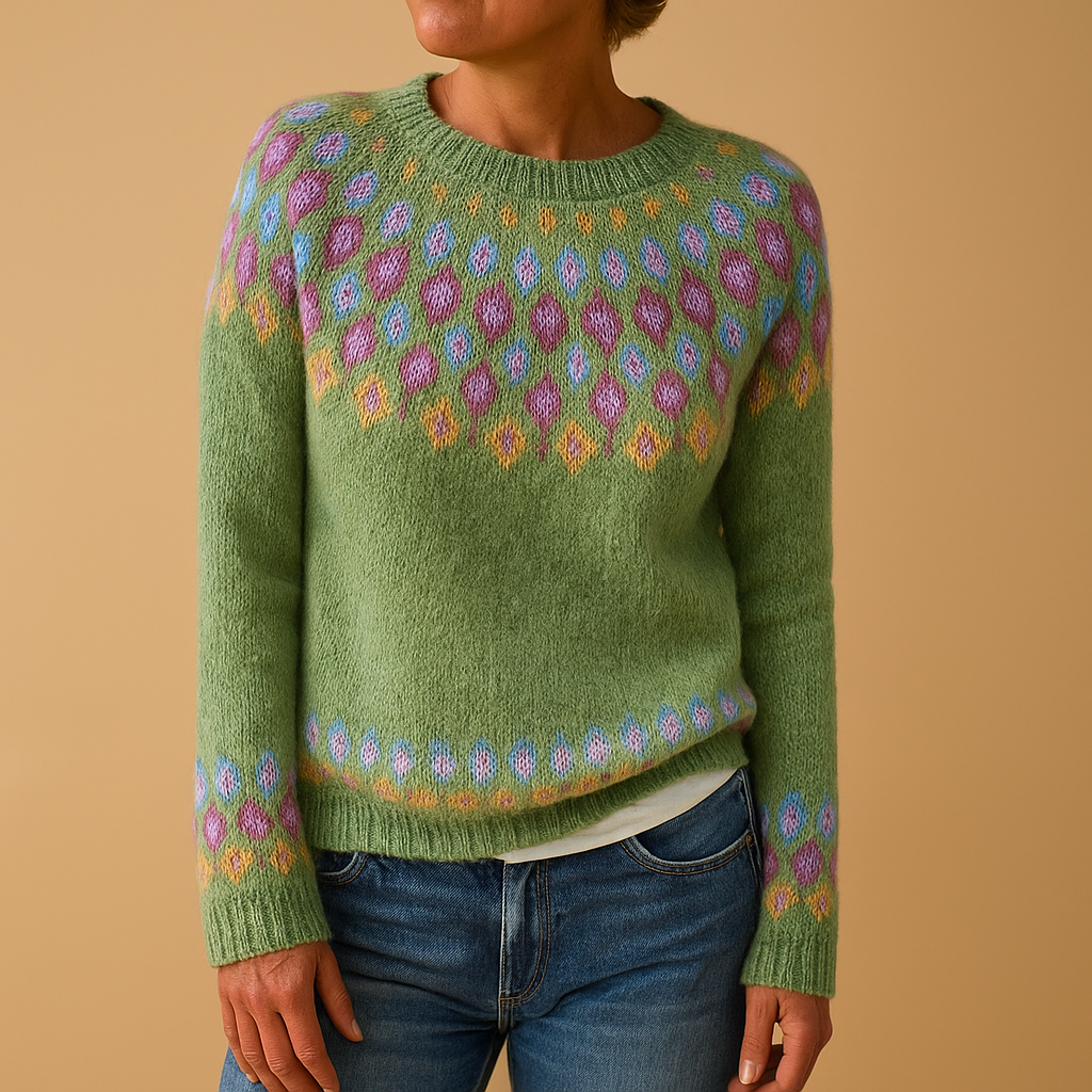 Women’s wool sweater with unique print, classic fit, soft wool blend, available in green, blue, gray, pink, and white for casual or chic outfits.
