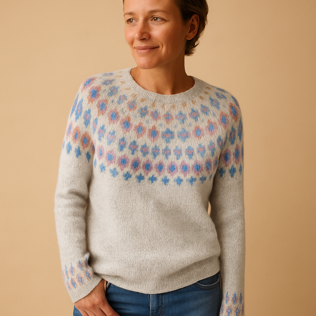 Women’s wool sweater with unique print, classic fit, soft wool blend, available in green, blue, gray, pink, and white for casual or chic outfits.