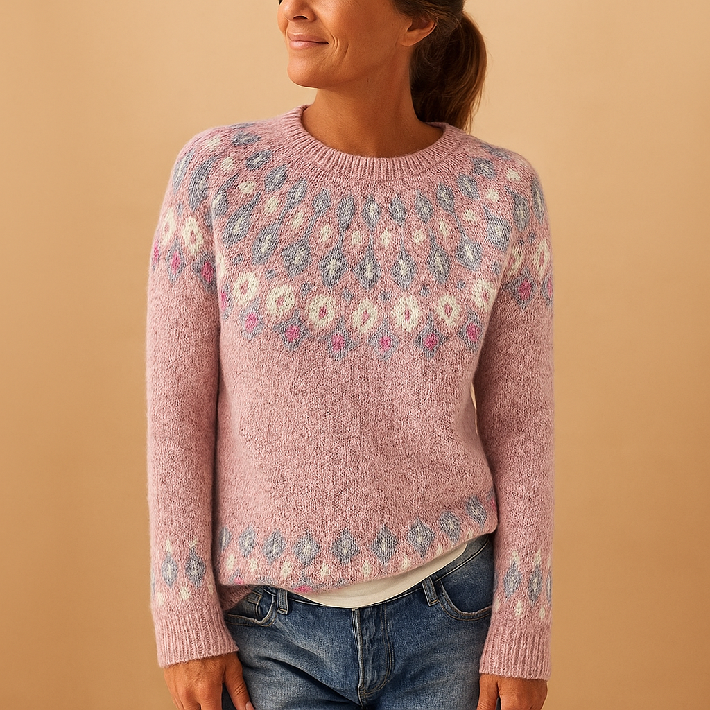 Women’s wool sweater with unique print, classic fit, soft wool blend, available in green, blue, gray, pink, and white for casual or chic outfits.