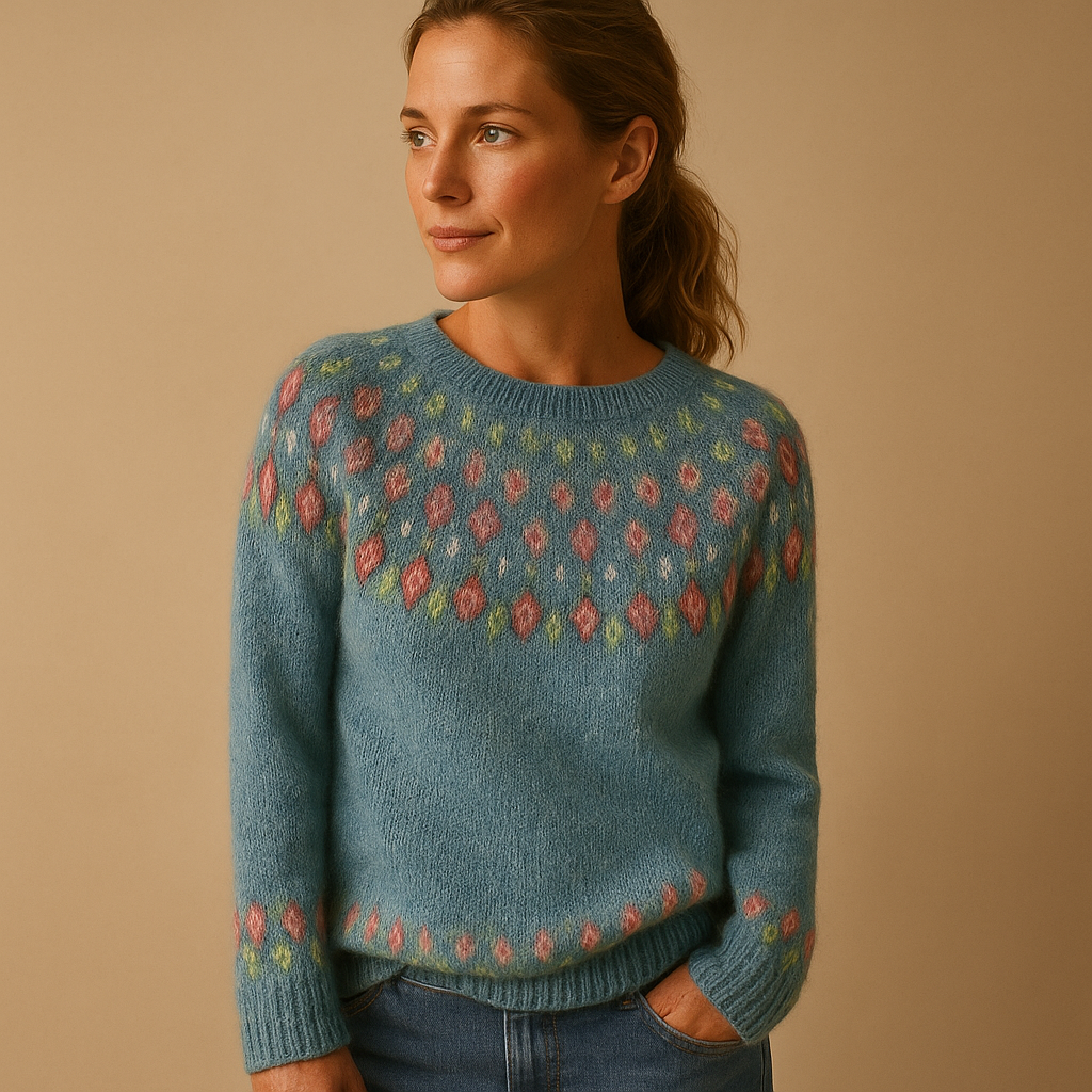 Women’s wool sweater with unique print, classic fit, soft wool blend, available in green, blue, gray, pink, and white for casual or chic outfits.