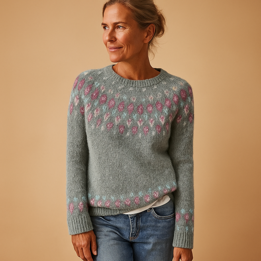 Women’s wool sweater with unique print, classic fit, soft wool blend, available in green, blue, gray, pink, and white for casual or chic outfits.