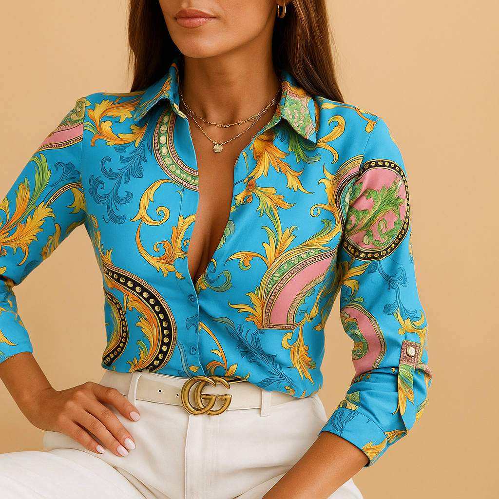 Women’s wrap blouse with bold print and relaxed fit, perfect for office wear, casual outfits, and stylish evenings out.