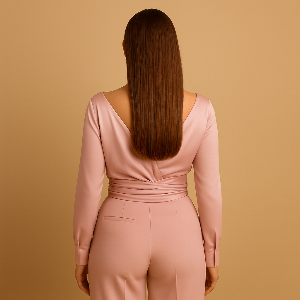 Women’s wrap blouse with waist tie in pink, featuring long sleeves and a flattering adjustable fit for elegant and formal wear.