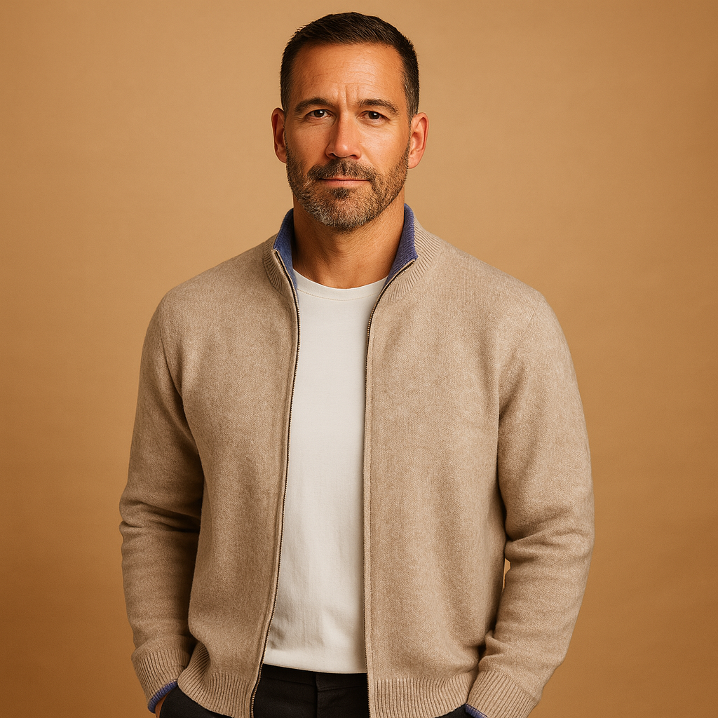 Men’s zipped cardigan with knitted collar in khaki, gray, and navy blue, perfect for casual or business wear in autumn and winter.