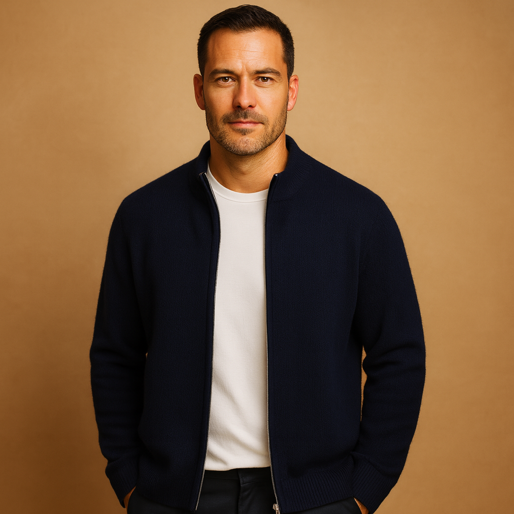 Men’s zipped cardigan with knitted collar in khaki, gray, and navy blue, perfect for casual or business wear in autumn and winter.