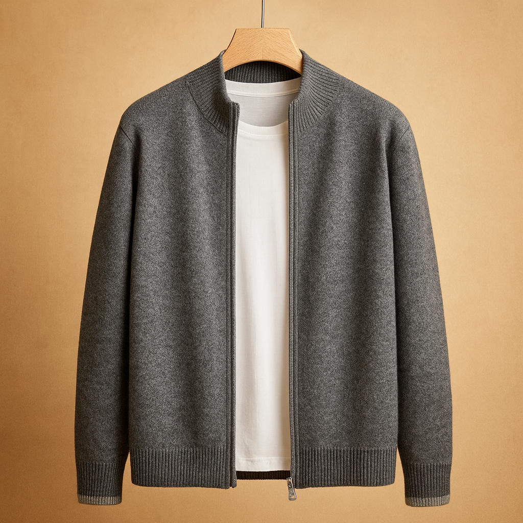 Men’s zipped cardigan with knitted collar in khaki, gray, and navy blue, perfect for casual or business wear in autumn and winter.