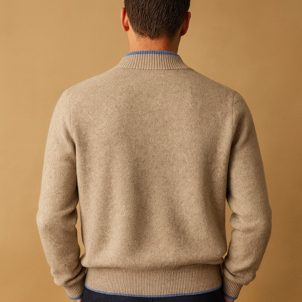 Men’s zipped cardigan with knitted collar in khaki, gray, and navy blue, perfect for casual or business wear in autumn and winter.