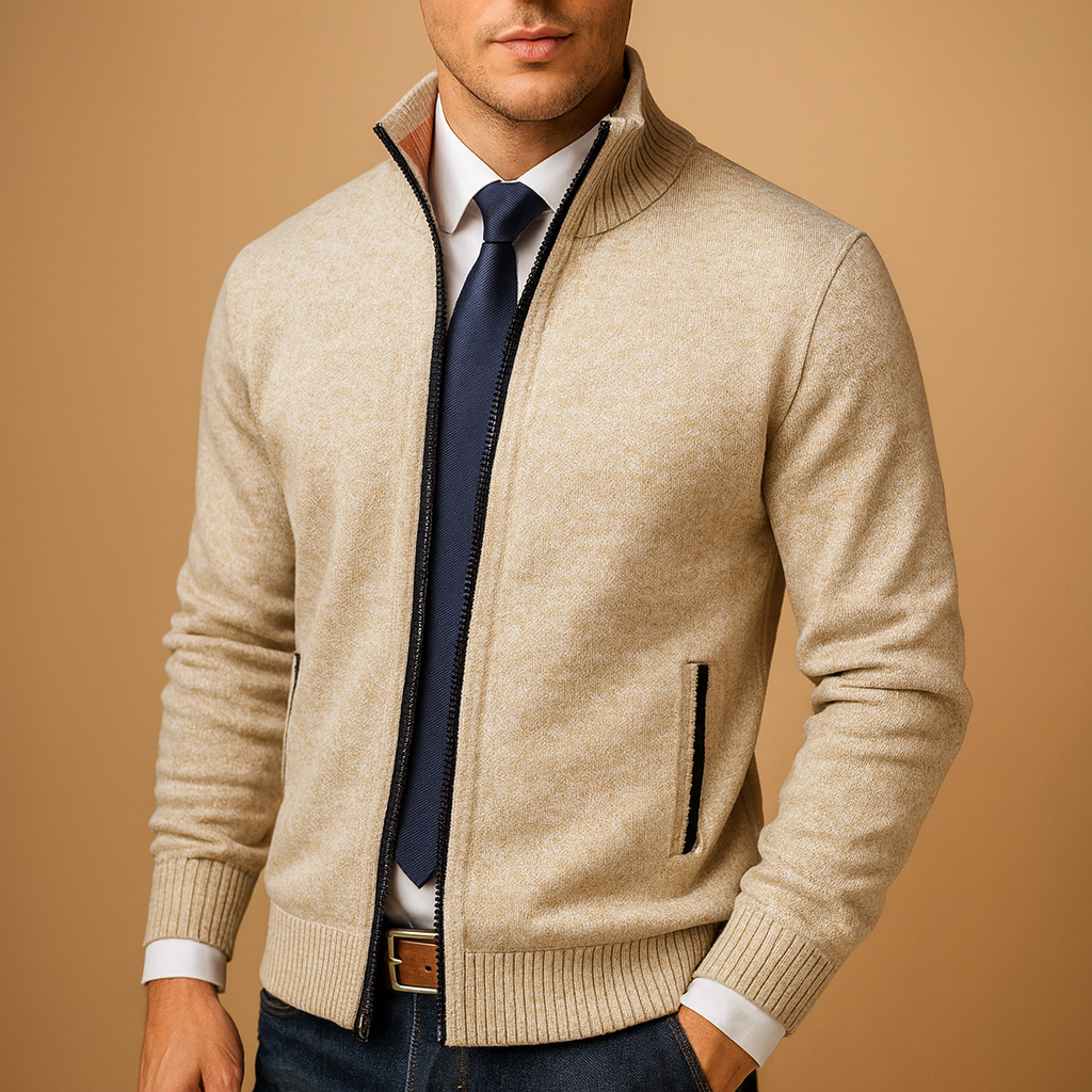 Men’s zipped cardigan with modern design, perfect for casual and everyday wear during autumn and winter.