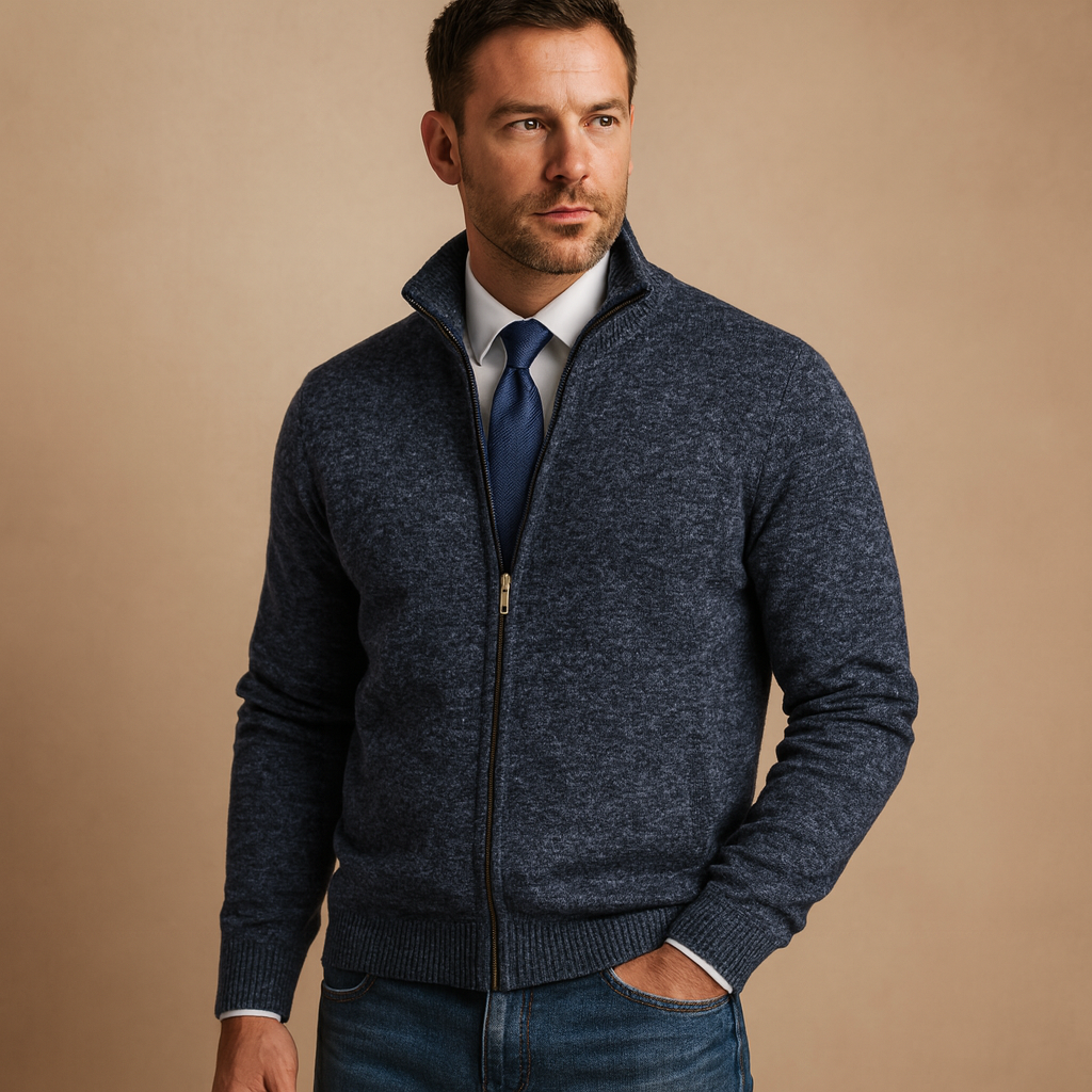 Men’s zipped cardigan with modern design, perfect for casual and everyday wear during autumn and winter.