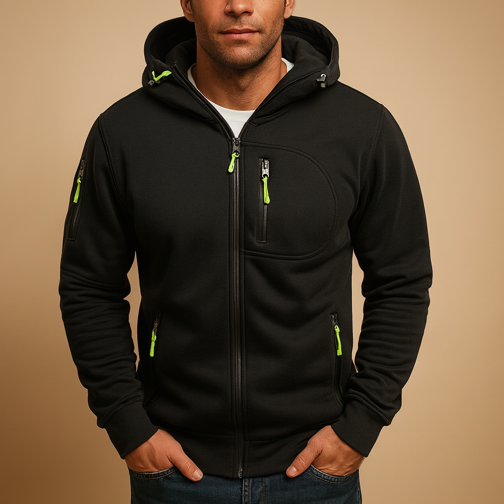 Men’s zipped hoodie with adjustable hood in black, blue, gray, green, and white, perfect for casual and sporty looks in autumn and winter.