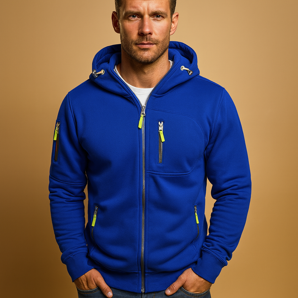 Men’s zipped hoodie with adjustable hood in black, blue, gray, green, and white, perfect for casual and sporty looks in autumn and winter.