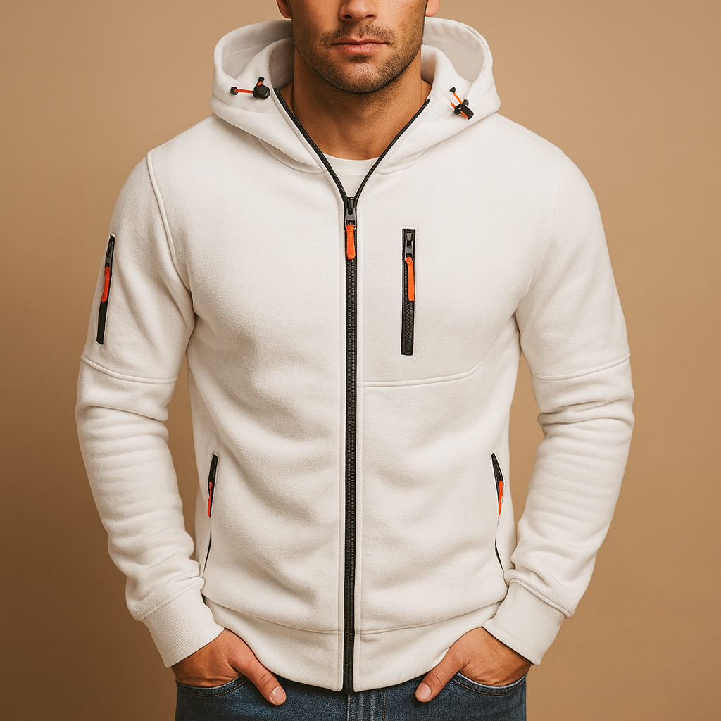 Men’s zipped hoodie with adjustable hood in black, blue, gray, green, and white, perfect for casual and sporty looks in autumn and winter.