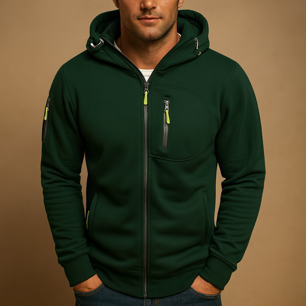 Men’s zipped hoodie with adjustable hood in black, blue, gray, green, and white, perfect for casual and sporty looks in autumn and winter.