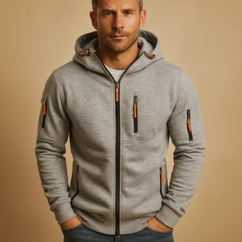 Men’s zipped hoodie with adjustable hood in black, blue, gray, green, and white, perfect for casual and sporty looks in autumn and winter.