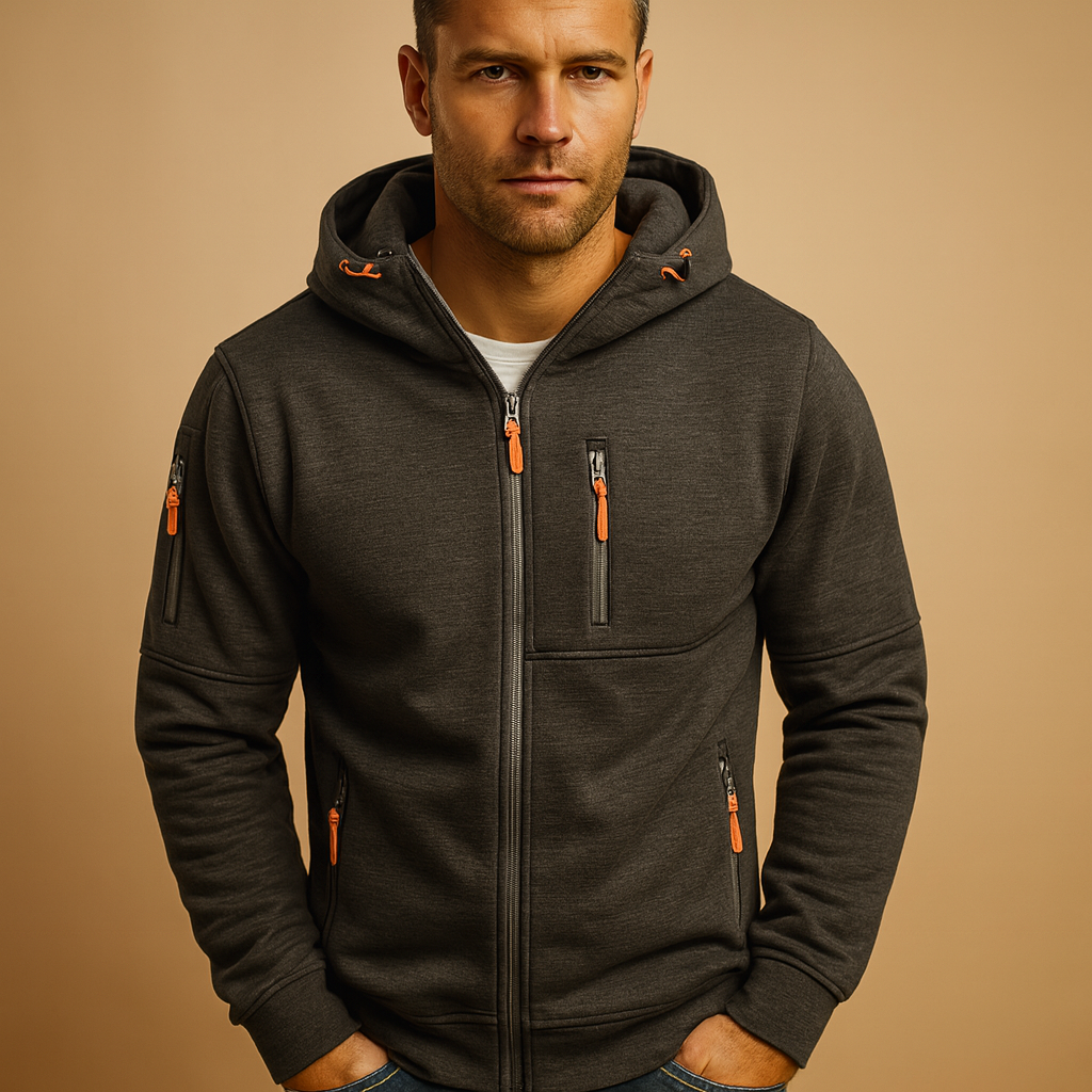 Men’s zipped hoodie with adjustable hood in black, blue, gray, green, and white, perfect for casual and sporty looks in autumn and winter.