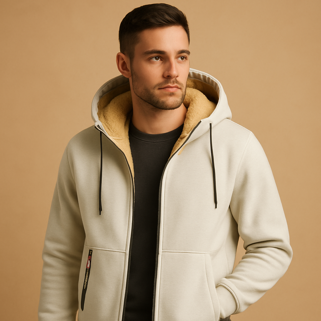 Men’s zipped hoodie with hood in black, gray, and dark blue, warm, versatile, and perfect for casual or outdoor wear.