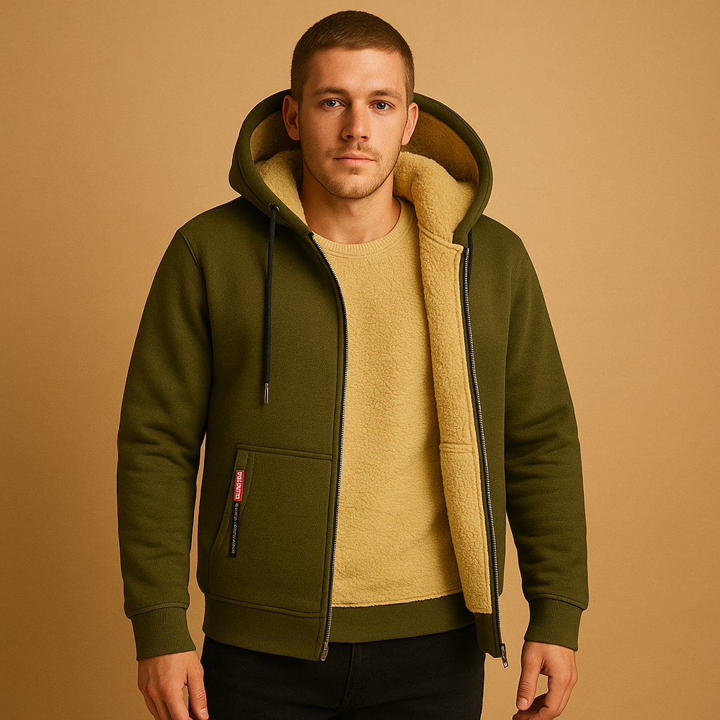 Men’s zipped hoodie with hood in black, gray, and dark blue, warm, versatile, and perfect for casual or outdoor wear.