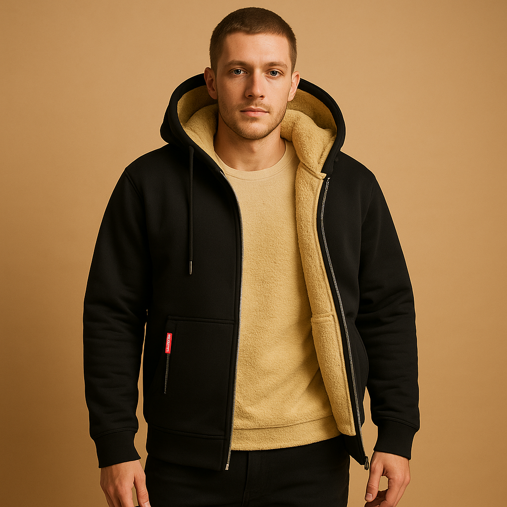 Men’s zipped hoodie with hood in black, gray, and dark blue, warm, versatile, and perfect for casual or outdoor wear.