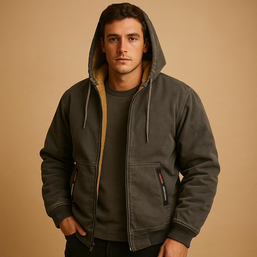 Men’s zipped hoodie with hood in black, gray, and dark blue, warm, versatile, and perfect for casual or outdoor wear.