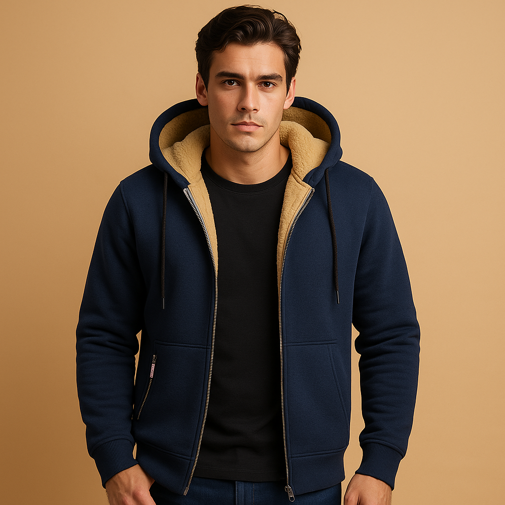 Men’s zipped hoodie with hood in black, gray, and dark blue, warm, versatile, and perfect for casual or outdoor wear.