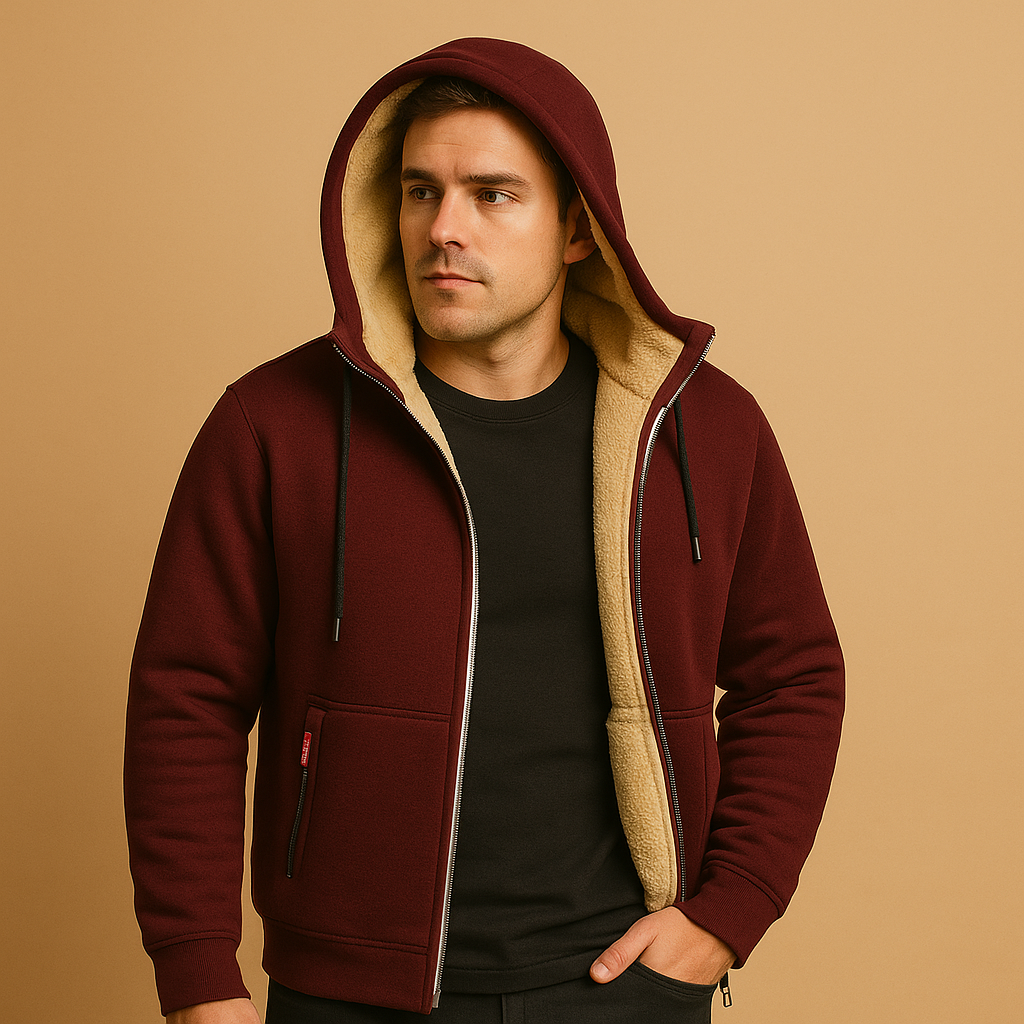 Men’s zipped hoodie with hood in black, gray, and dark blue, warm, versatile, and perfect for casual or outdoor wear.