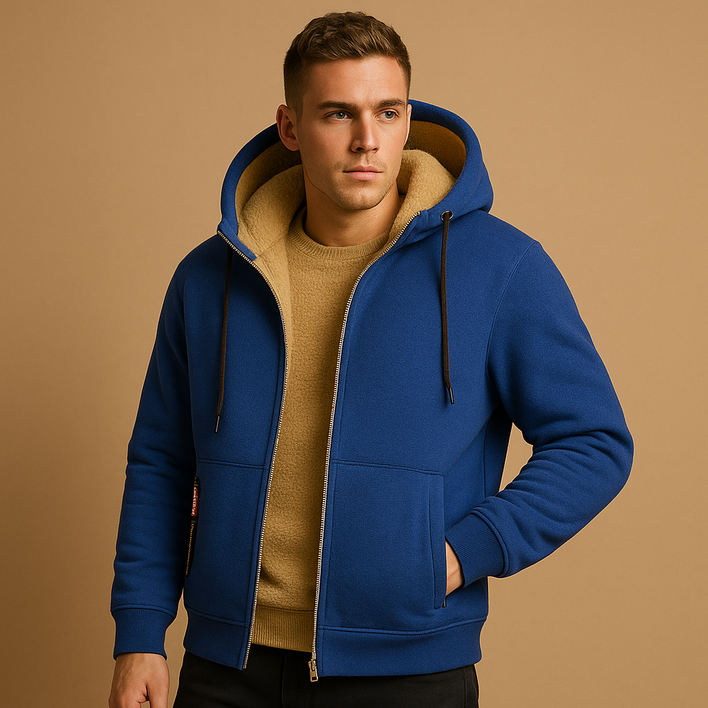 Men’s zipped hoodie with hood in black, gray, and dark blue, warm, versatile, and perfect for casual or outdoor wear.
