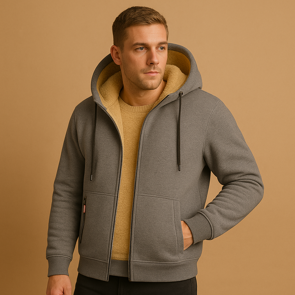 Men’s zipped hoodie with hood in black, gray, and dark blue, warm, versatile, and perfect for casual or outdoor wear.