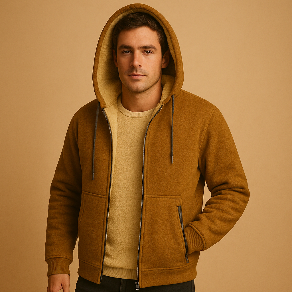 Men’s zipped hoodie with hood in black, gray, and dark blue, warm, versatile, and perfect for casual or outdoor wear.