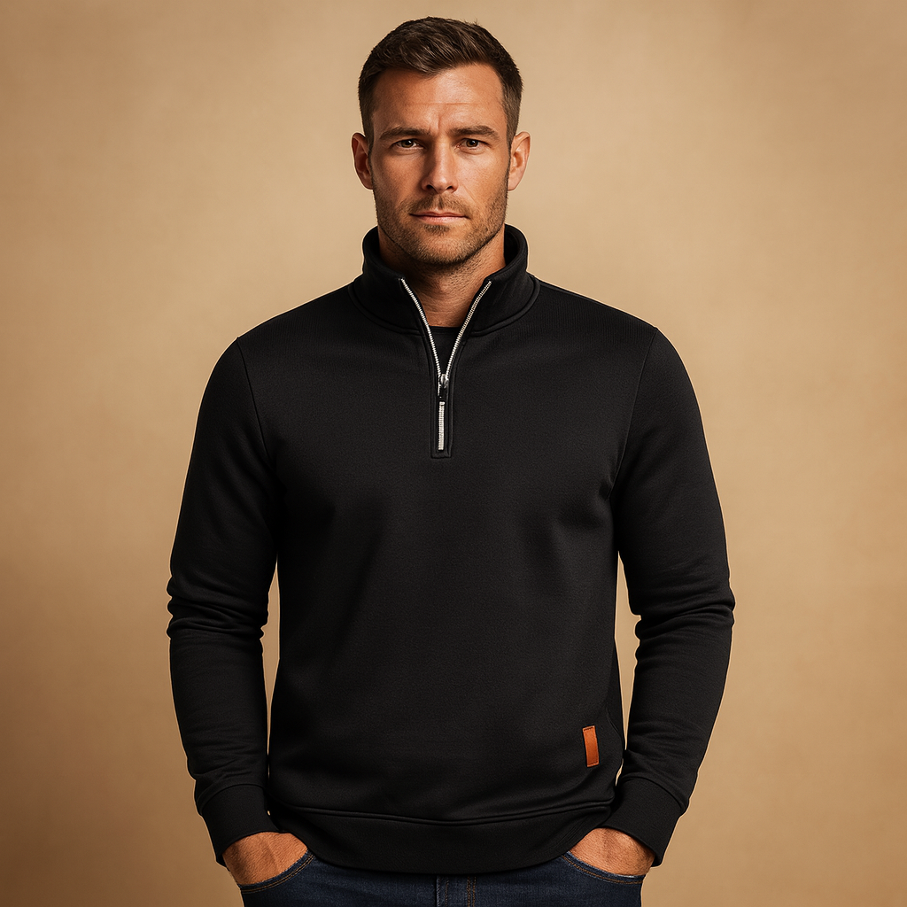 Men’s zipped sweater with modern design in blue, black, gray, and red, perfect for casual and semi-formal wear in spring, autumn, and winter.