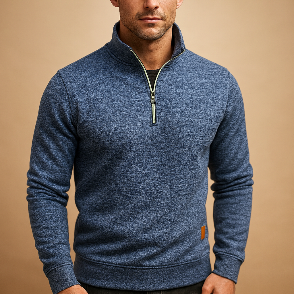 Men’s zipped sweater with modern design in blue, black, gray, and red, perfect for casual and semi-formal wear in spring, autumn, and winter.