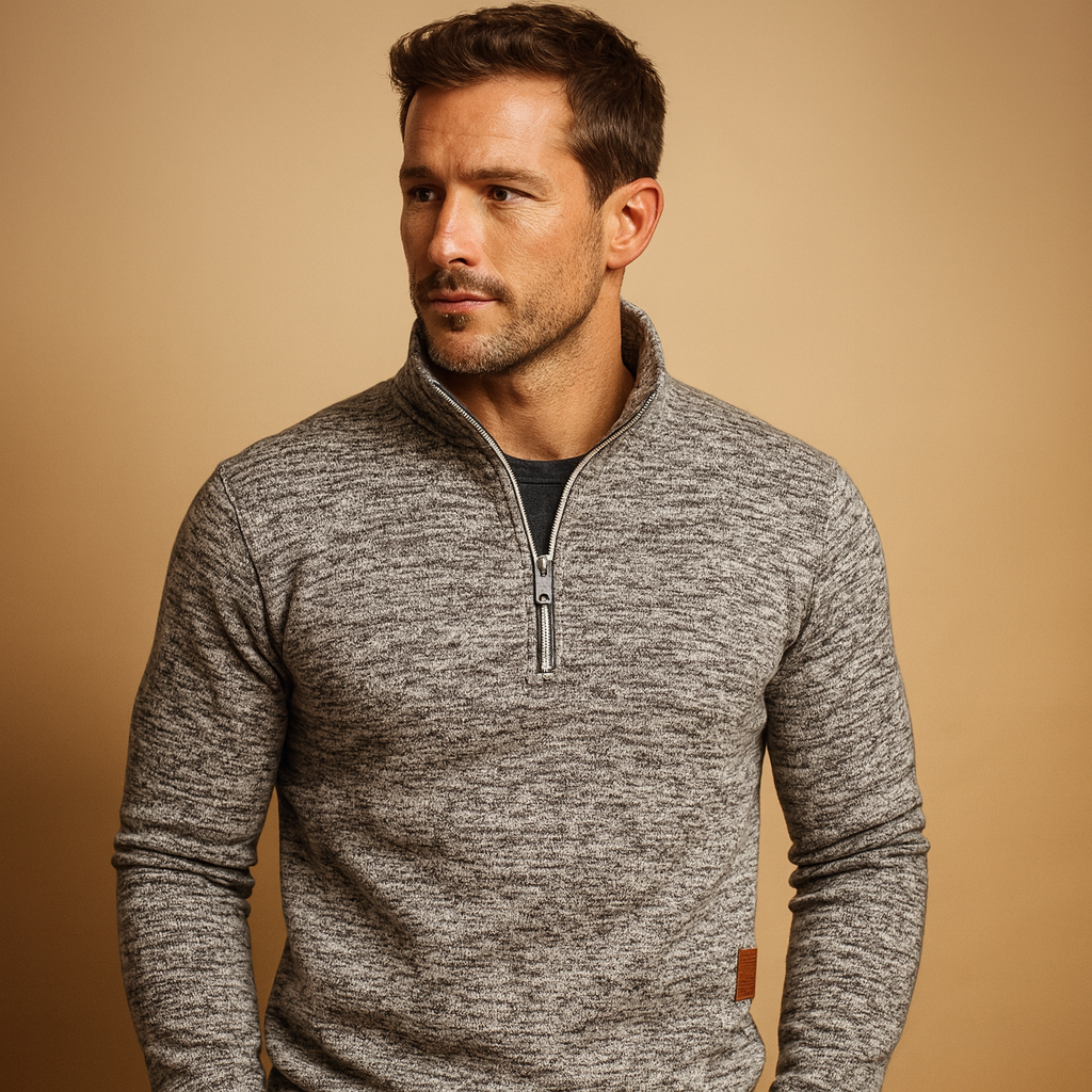 Men’s zipped sweater with modern design in blue, black, gray, and red, perfect for casual and semi-formal wear in spring, autumn, and winter.