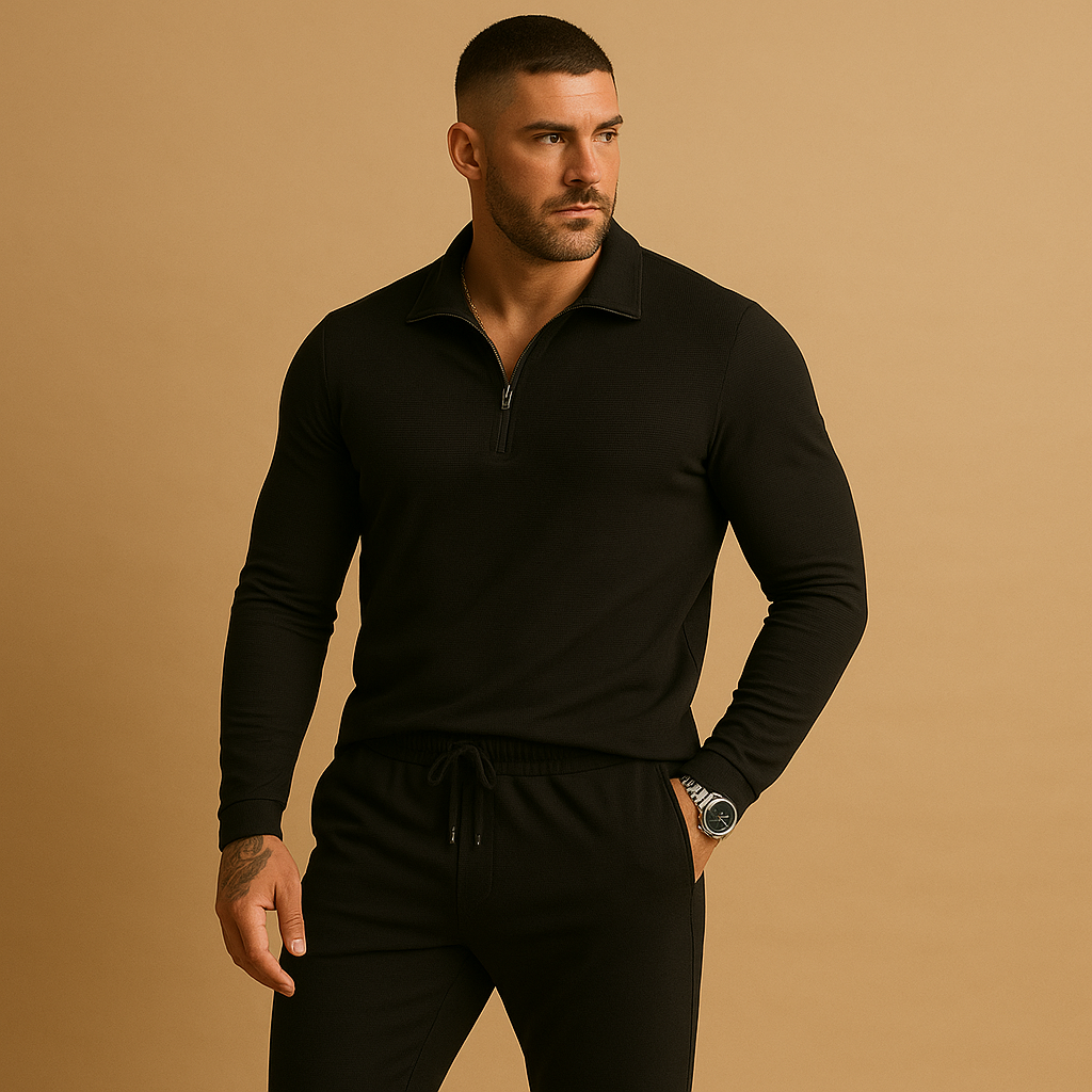 Men’s zipper polo tracksuit with slim fit and tapered joggers, perfect for casual outings and everyday comfort.