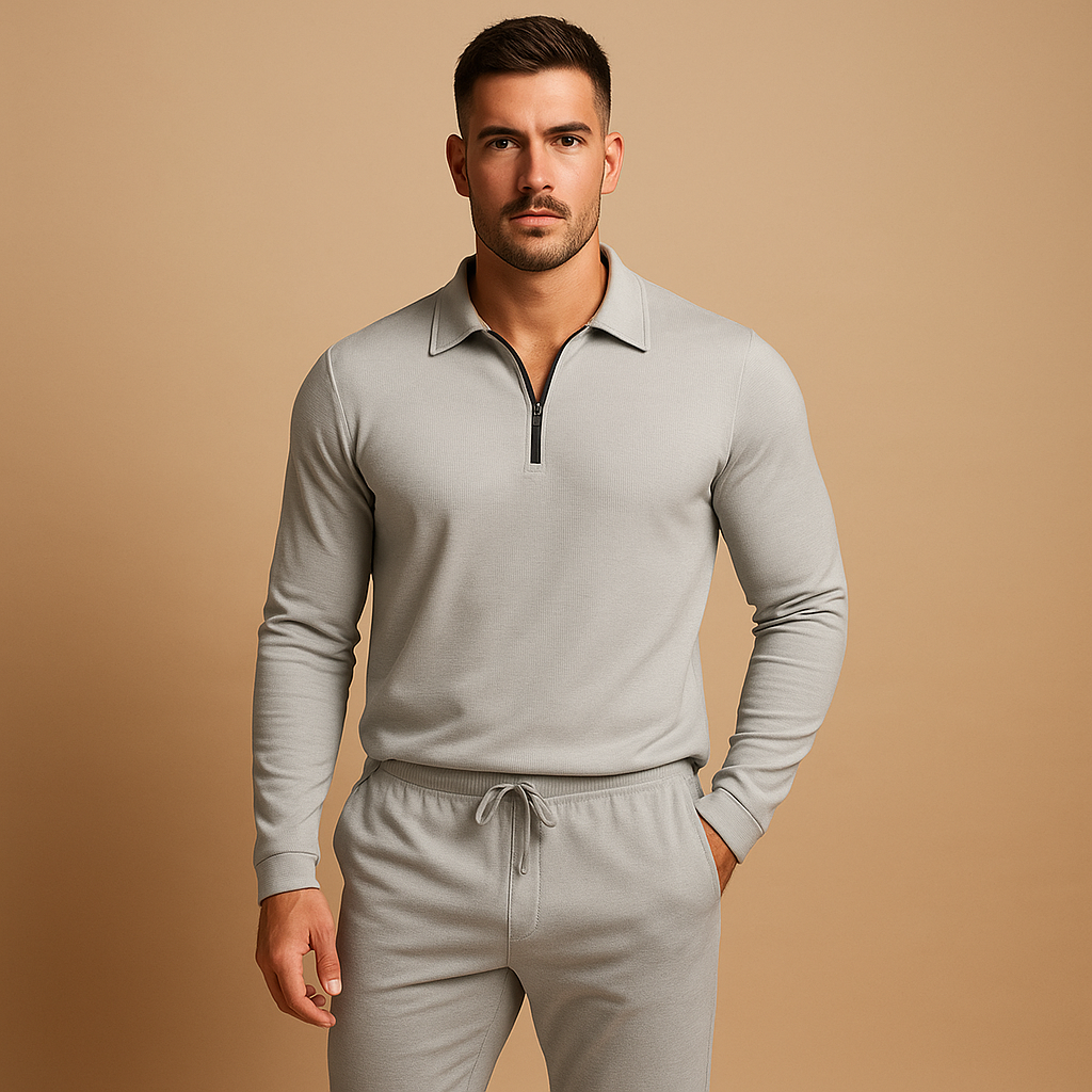 Men’s zipper polo tracksuit with slim fit and tapered joggers, perfect for casual outings and everyday comfort.