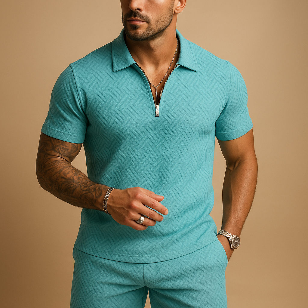 Men’s zippered summer set with T-shirt and shorts, perfect for beach days, casual wear, and warm weather comfort.